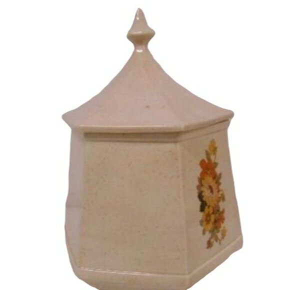 Vintage 1986 Hexagon Floral Transferware Cookie Jar With Lid 7" X 9" - Picture 2 of 4